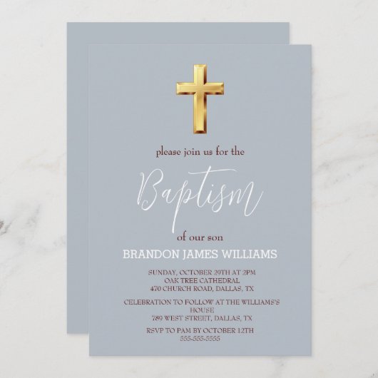 Gold Moderne einfache, trübe Blaue Cross Taufe Einladung (Vorne/Hinten)