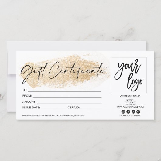 Gold moderne Geschenkgutschein hinzufügen Logo (Vorderseite)