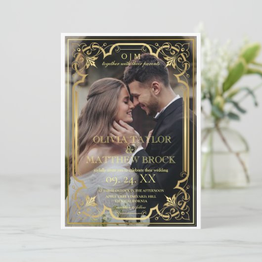 Gold Moderne klassische Foto Hochzeit Einladung (Stehend Vorderseite)