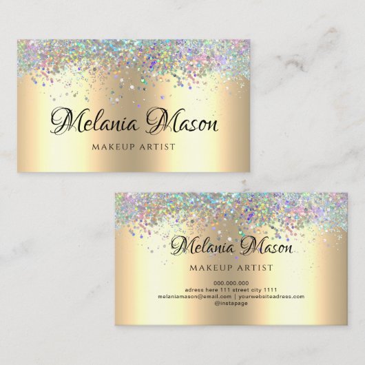 Gold Moderner Holografischer Glitzer Makeup Artist Visitenkarte (Vorne/Hinten)