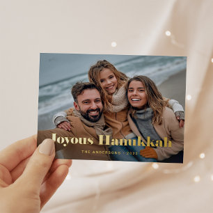 Gold Moderner Text und Foto   Joyous Hanukkah Folien Feiertagspostkarte