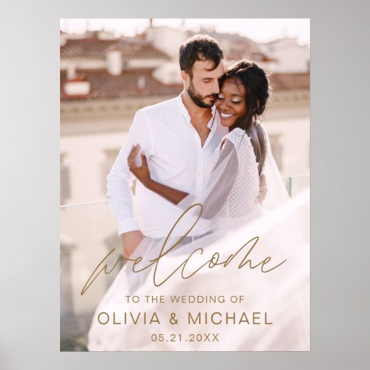 Gold Modernes Script Foto Hochzeit Willkommen Eleg Poster (Vorne)