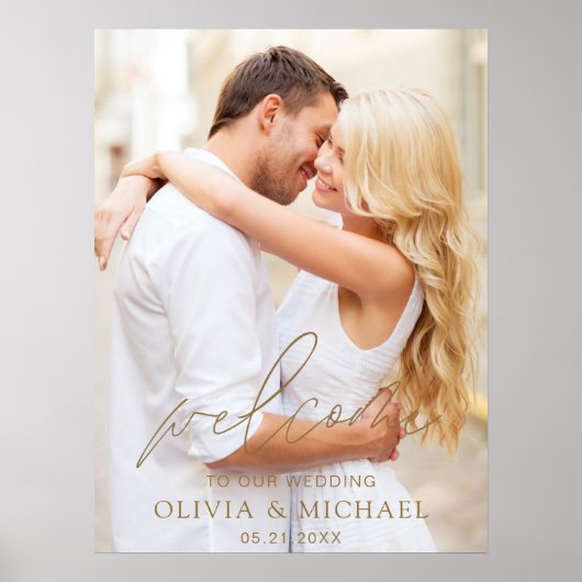 Gold Modernes Script Foto Hochzeit Willkommen Eleg Poster (Vorne)