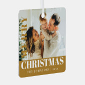 Gold Modernes, stilvolles Foto der frohen Weihnach Ornament Aus Metall (Vorderseite Rechts)