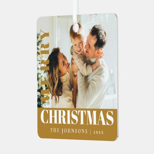 Gold Modernes, stilvolles Foto der frohen Weihnach Ornament Aus Metall (Vorderseite links)