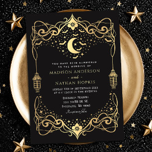 Gold Mond Gothic Fledermäuse Laterne Hochzeit  Einladung