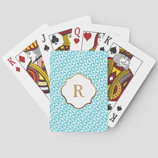 Gold Monogram Aqua & White Diagonal Retro Muster Spielkarten (Rückseite)