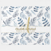 Gold Monogram Azure Blue Botanical Blätter Wedding Fleecedecke (Vorderseite (Horizontal))