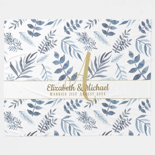 Gold Monogram Azure Blue Botanical Blätter Wedding Fleecedecke (Vorderseite (Horizontal))