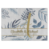 Gold Monogram Azure Blue Botanical Blätter Wedding Schneidebrett (Vorderseite)