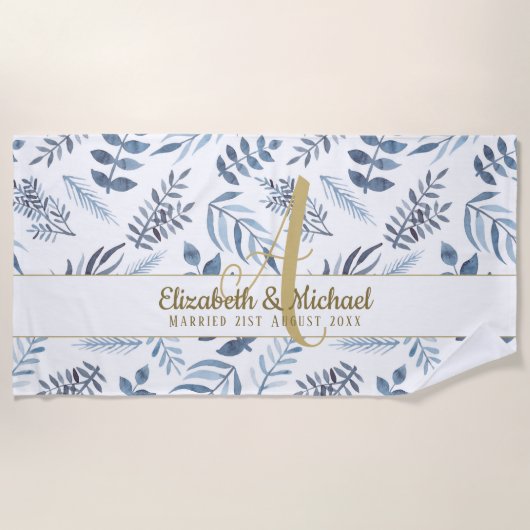 Gold Monogram Azure Blue Botanical Blätter Wedding Strandtuch (Vorderseite)