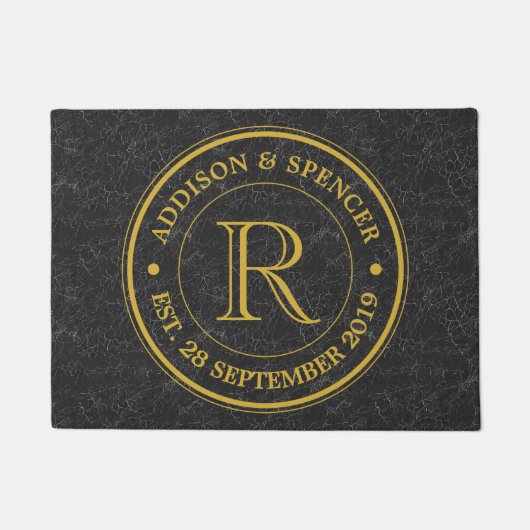 Gold Monogram Black Leather Wedding Jubiläum Fußmatte (Vorderseite)