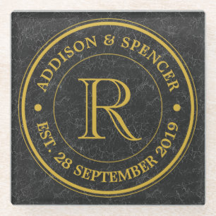 Gold Monogram Black Leather Wedding Jubiläum Glasuntersetzer