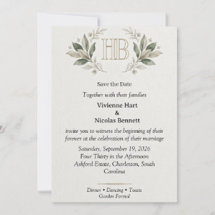 Gold Monogram Botanisches Wappen Save The Date Ank Einladung