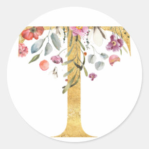 Gold MONOGRAM Brief T mit Blume Runder Aufkleber