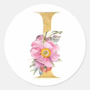 Gold MONOGRAM Buchstabe I mit Blumen Runder Aufkleber