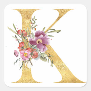 Gold MONOGRAM Buchstabe K mit Blumen Quadratischer Aufkleber