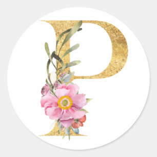 Gold MONOGRAM Buchstabe P mit Blüte Runder Aufkleber