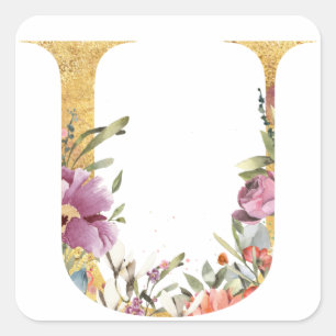 Gold MONOGRAM Buchstabe U mit Blume Quadratischer Aufkleber