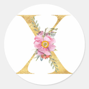 Gold MONOGRAM Buchstabe X mit Blume Runder Aufkleber
