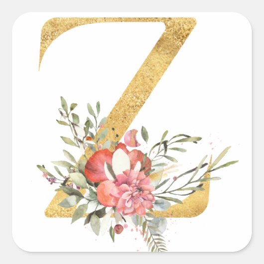 Gold MONOGRAM Buchstabe Z mit Blume Quadratischer Aufkleber (Vorderseite)
