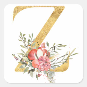 Gold MONOGRAM Buchstabe Z mit Blume Quadratischer Aufkleber