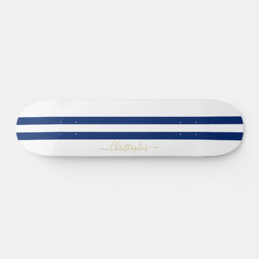 Gold Monogram Classic Blue White Racing Stripes Skateboard (Horizontal)
