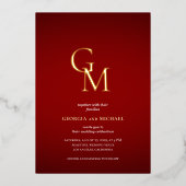 Gold Monogram Crimson Red Foto QR Code Hochzeit Folieneinladung (Vorderseite)