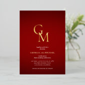 Gold Monogram Crimson Red Foto QR Code Hochzeit Folieneinladung (Stehend vorne)
