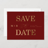 Gold Monogram Deep Red Wedding Save the Date Postkarte (Vorne/Hinten)