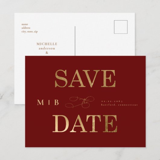 Gold Monogram Deep Red Wedding Save the Date Postkarte (Vorne/Hinten)