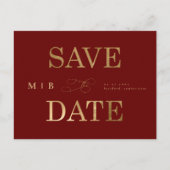 Gold Monogram Deep Red Wedding Save the Date Postkarte (Vorderseite)