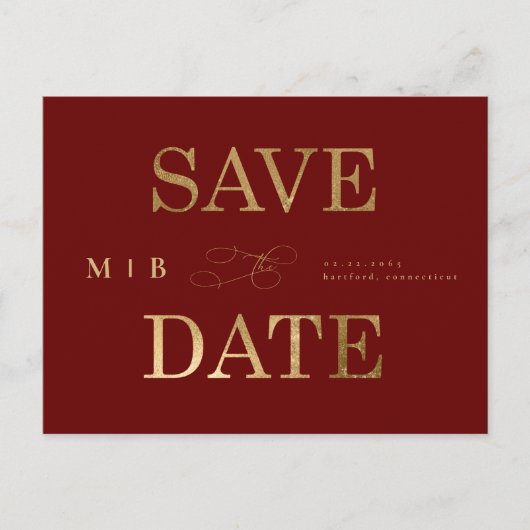 Gold Monogram Deep Red Wedding Save the Date Postkarte (Vorderseite)