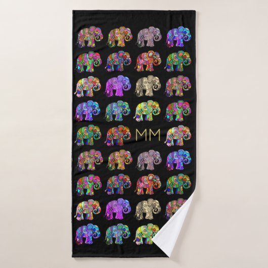 Gold Monogram Elegant Black Elephant Lover's Badehandtuch (Badehandtuch)