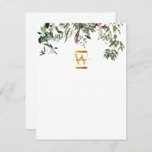 Gold Monogram Elegant Eukalyptus Greenerity & Bird Mitteilungskarte (Vorne/Hinten)