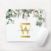 Gold Monogram Elegant Eukalyptus Greenerity & Bird Mousepad (Mit Mouse)