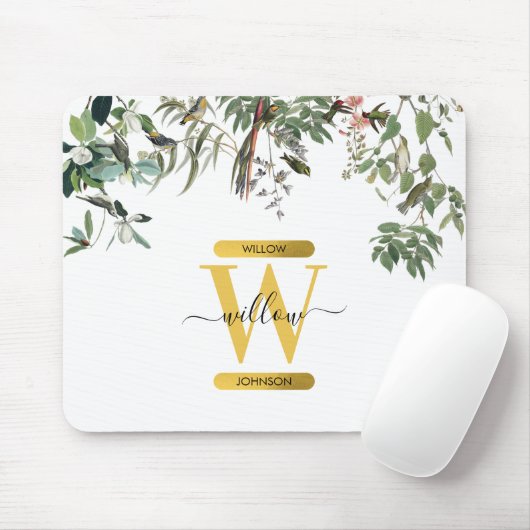 Gold Monogram Elegant Eukalyptus Greenerity & Bird Mousepad (Mit Mouse)