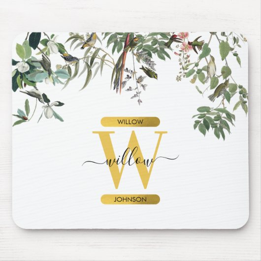 Gold Monogram Elegant Eukalyptus Greenerity & Bird Mousepad (Vorne)