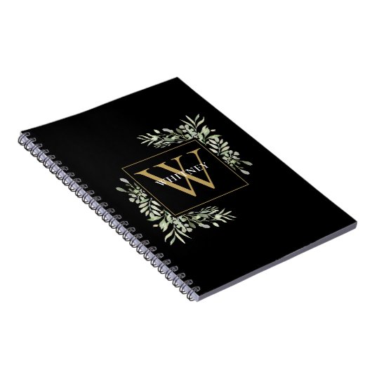 Gold Monogram Elegant Eukalyptus Greenerity Black Notizblock (Rechte Seite)