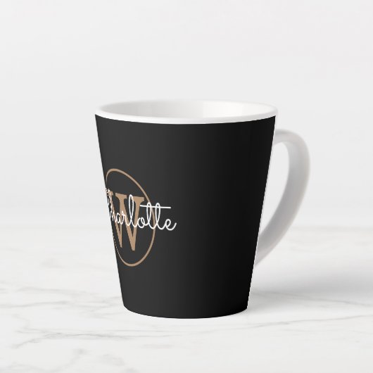 Gold Monogram Elegant Girly Script Black Milchtasse (Rechte Ecke)