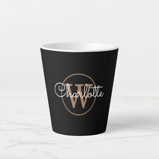 Gold Monogram Elegant Girly Script Black Milchtasse (Vorderseite)