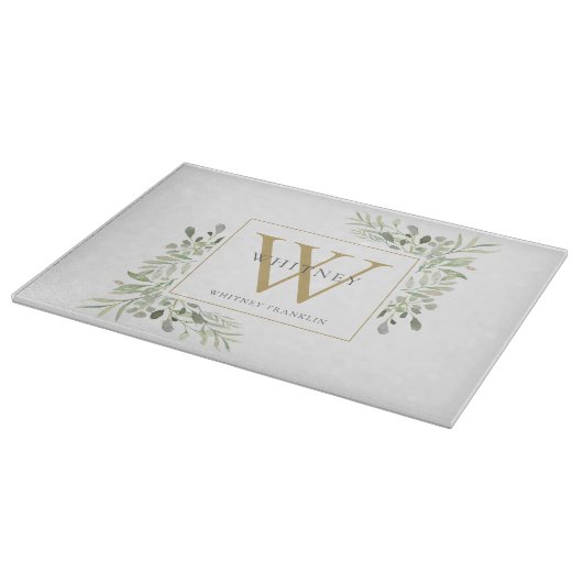 Gold Monogram Elegant Greenerenerage Foliage Schneidebrett (Ecke)