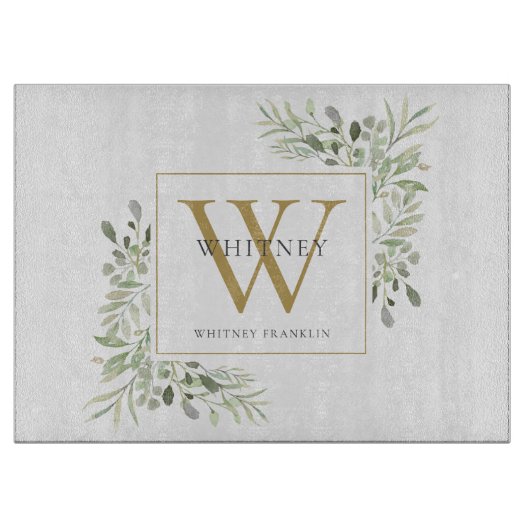 Gold Monogram Elegant Greenerenerage Foliage Schneidebrett (Vorderseite)