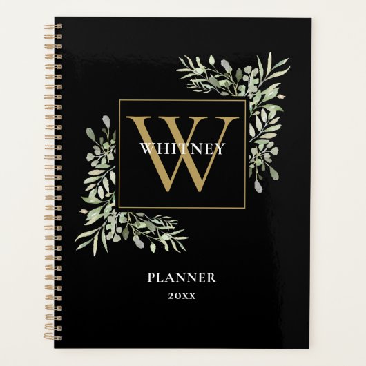 Gold Monogram Elegant Greenery Black 2023 Planer (Vorderseite)