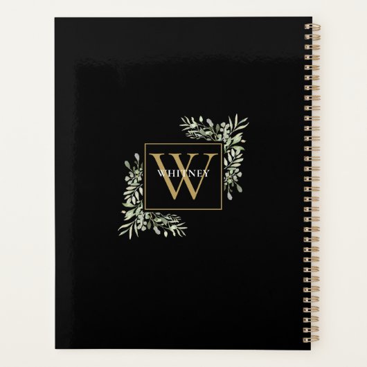 Gold Monogram Elegant Greenery Black 2023 Planer (Rückseite)