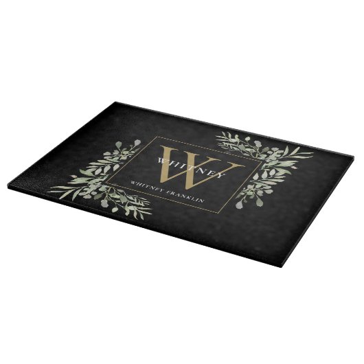 Gold Monogram Elegant Grünfolie Schwarz Schneidebrett (Ecke)