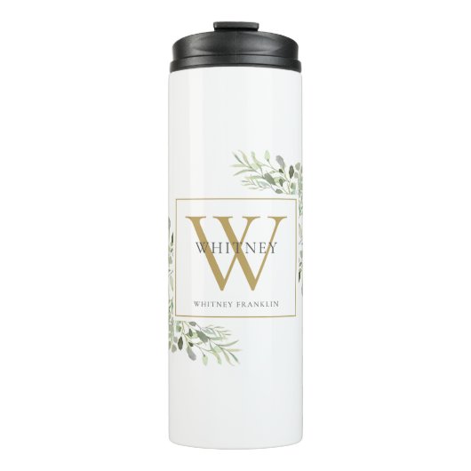 Gold Monogram Elegant Moderne Grüne Thermosbecher (Vorderseite)