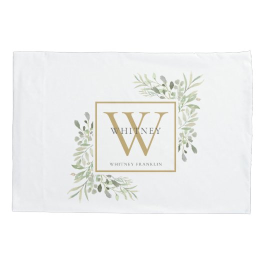 Gold Monogram Elegant Moderne Grünkissengehäuse Kissenbezug (Rückseite)