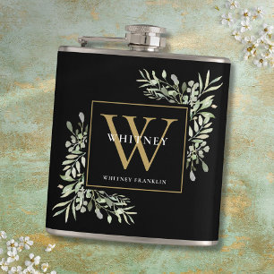 Gold Monogram Elegant Moderne Grünpflanzen Schwarz Flachmann