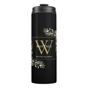 Gold Monogram Elegant Moderne Grünpflanzen Schwarz Thermosbecher